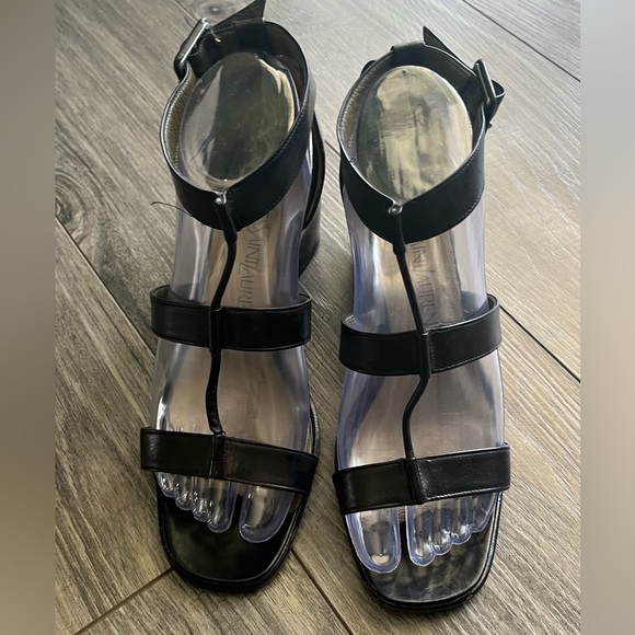 Yves Saint Laurent Italy YSL Black leather Strappy Sandals vintage block heel 7 - Picture 1 of 14